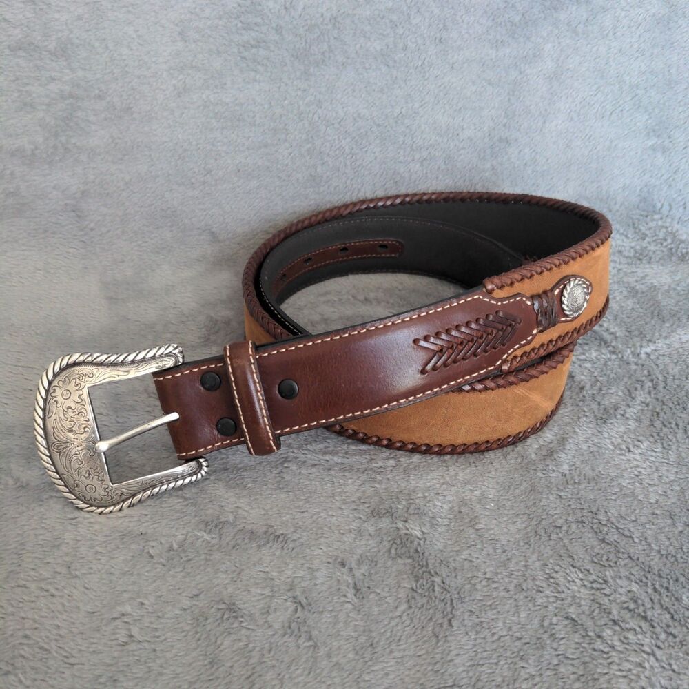 Nocona Belt Co. Western Leather Belt Sz 38 Two Tone Braded Edge Studded